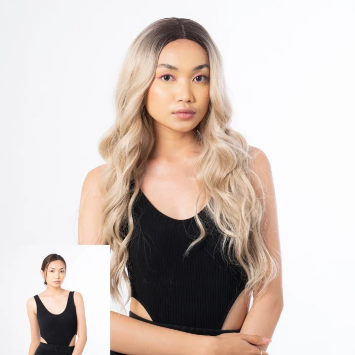 female model before after photo wearing a blonde wig