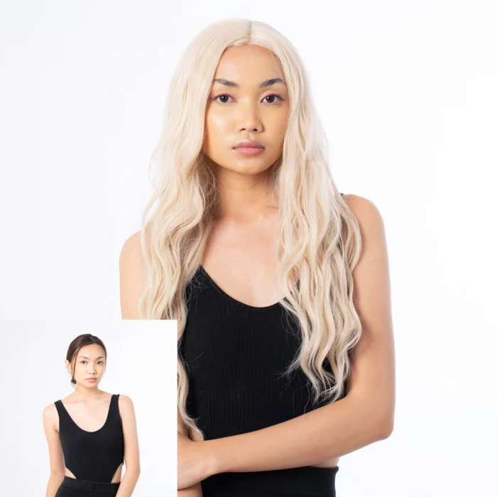 female model before after photo wearing a blonde wig