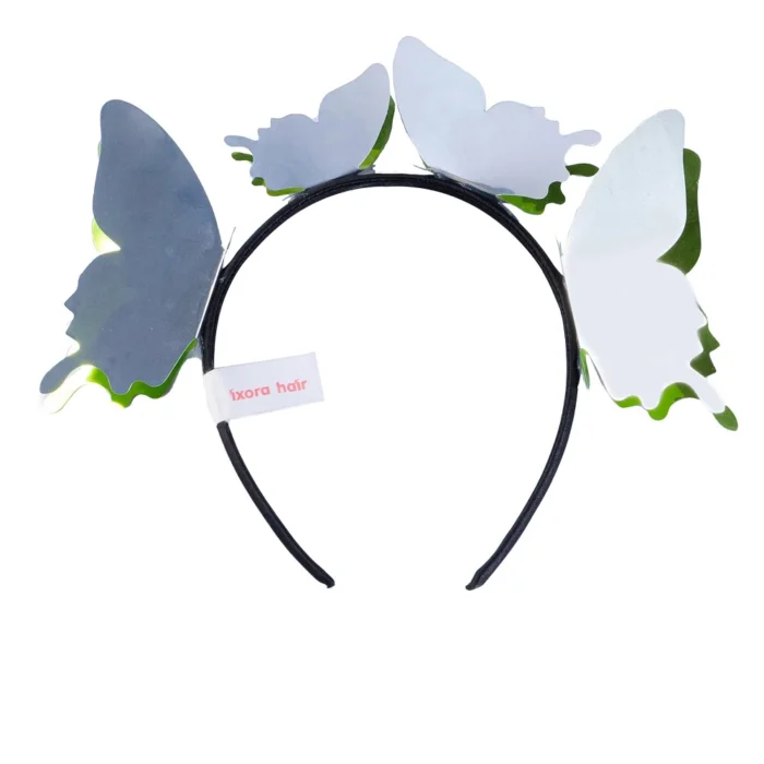 green silver butterfly headband with black satin headband base