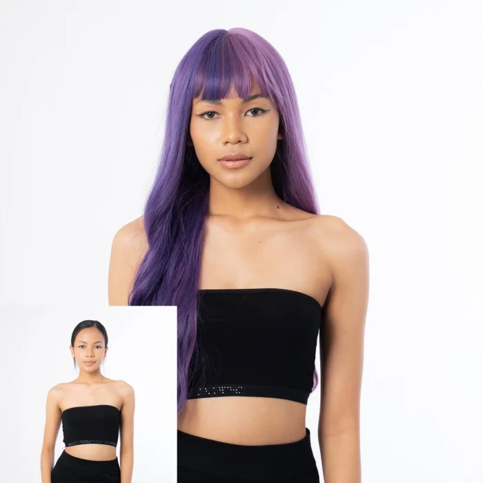 female model before after photo wearing a long two-tone purple blonde wig