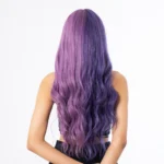 360 degree look of a model wearing a purple synthetic wig