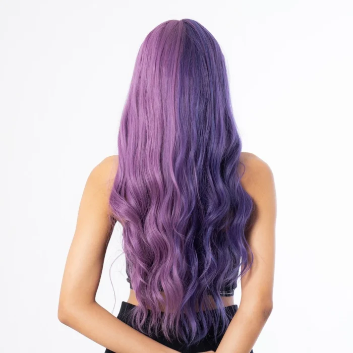 360 degree look of a model wearing a purple synthetic wig