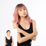 female model before after photo wearing a short wavy Rose Gold Dark Roots 14 Inch Coachella Festival Hair Wig