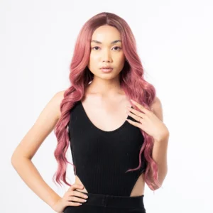 girl model wearing a dusty rose 24 inch wavy synthetic wig