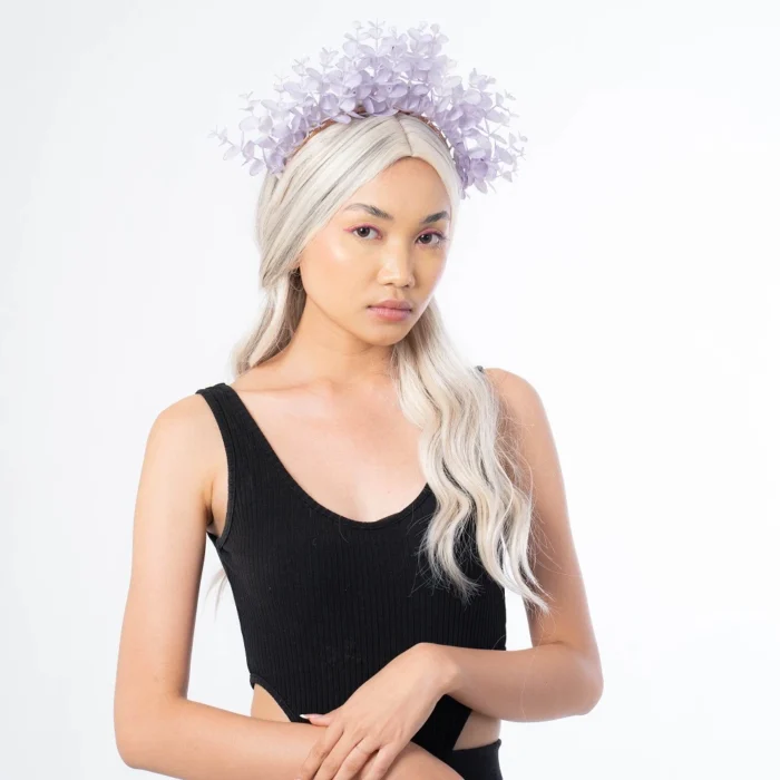 model wearing Unique purple Headpiece crown alternative bridal bridesmaid