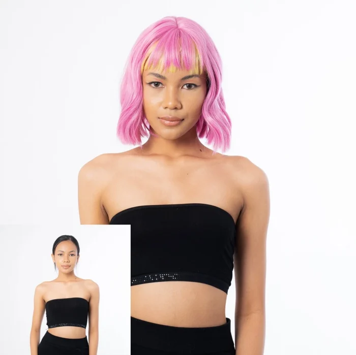 female model before after photo wearing Pink Yellow Bangs 10 Inch Coachella Festival Hair Wig