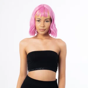 female model indoor photoshoot wearing black tanktop and Rianna Pink Yellow Bangs 10 Inch Coachella Festival Hair Wig