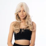 model wearing ixora hair Taylor Two-Tone Blonde 24 Inch Coachella Festival Hair Wig