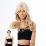 female model before after photo wearing a blonde wig