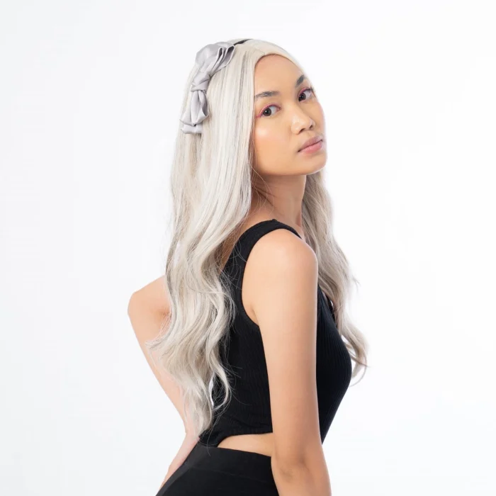 long platinum haired female model wearing subtle headband design