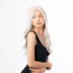 long platinum haired female model wearing soft chiffon headband design