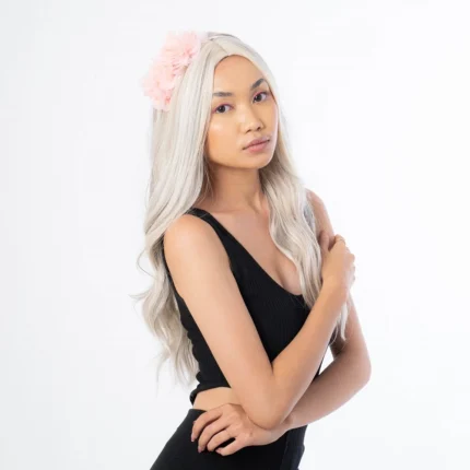 long platinum haired female model wearing soft chiffon headband design