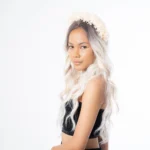 a girl wearing wreath alternative headband dried hydrangea flowers