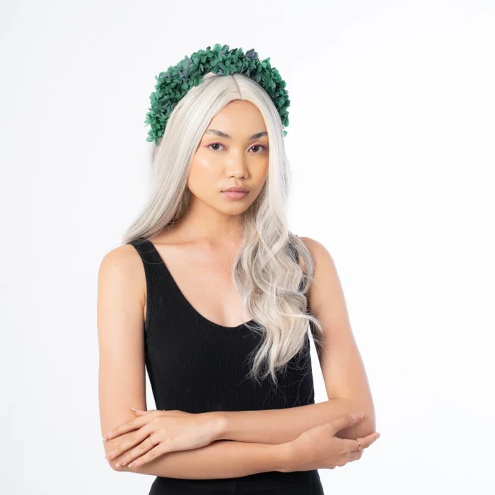 a girl wearing exquisite dried hydrangea flower headband